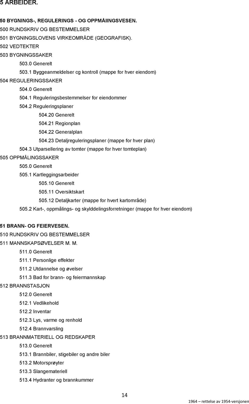 22 Generalplan 504.23 Detaljreguleringsplaner (mappe for hver plan) 504.3 Utparsellering av tomter (mappe for hver tomteplan) 505 OPPMÅLINGSSAKER 505.0 Generelt 505.1 Kartleggingsarbeider 505.