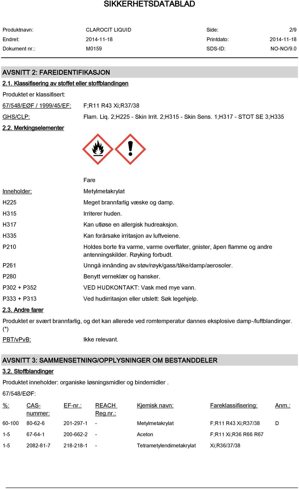 Irriterer huden. Kan utløse en allergisk hudreaksjon. Kan forårsake irritasjon av luftveiene. Holdes borte fra varme, varme overflater, gnister, åpen flamme og andre antenningskilder. Røyking forbudt.