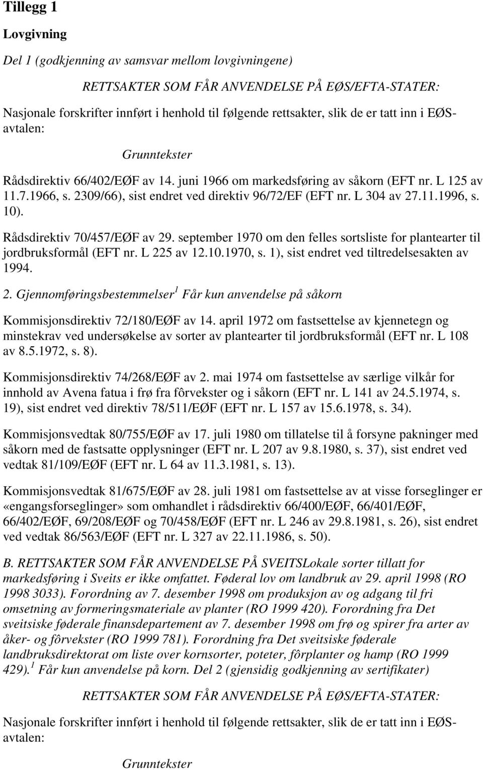 L 304 av 27.11.1996, s. 10). Rådsdirektiv 70/457/EØF av 29. september 1970 om den felles sortsliste for plantearter til jordbruksformål (EFT nr. L 225 av 12.10.1970, s.