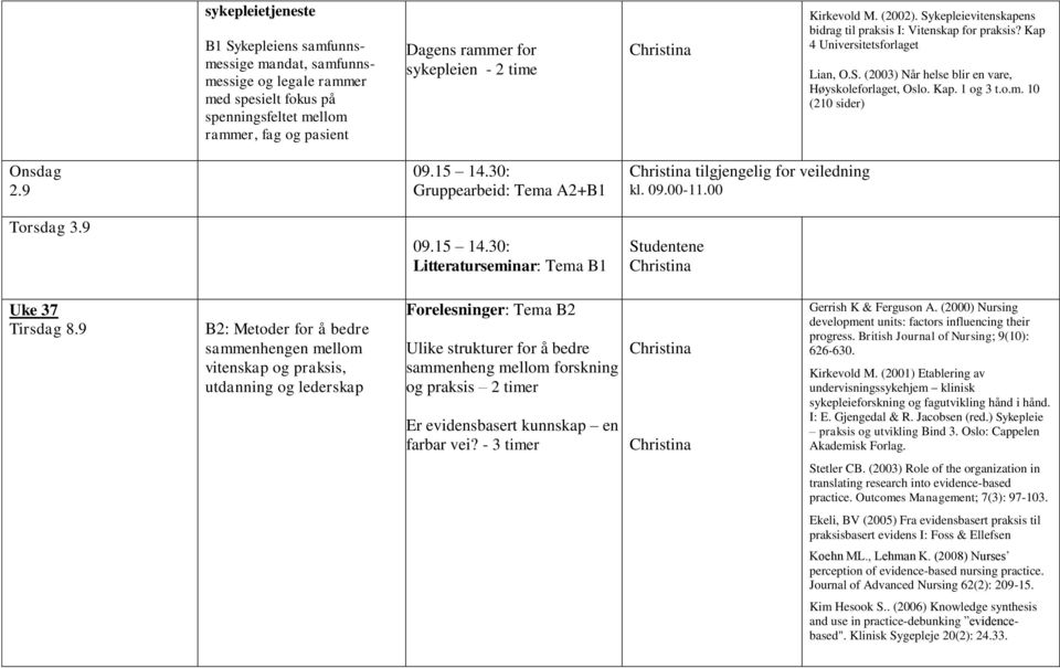 10 (210 sider) 2.9 Torsdag 3.9 Gruppearbeid: Tema A2+B1 Litteraturseminar: Tema B1 tilgjengelig for veiledning kl. 09.00-11.00 Uke 37 8.