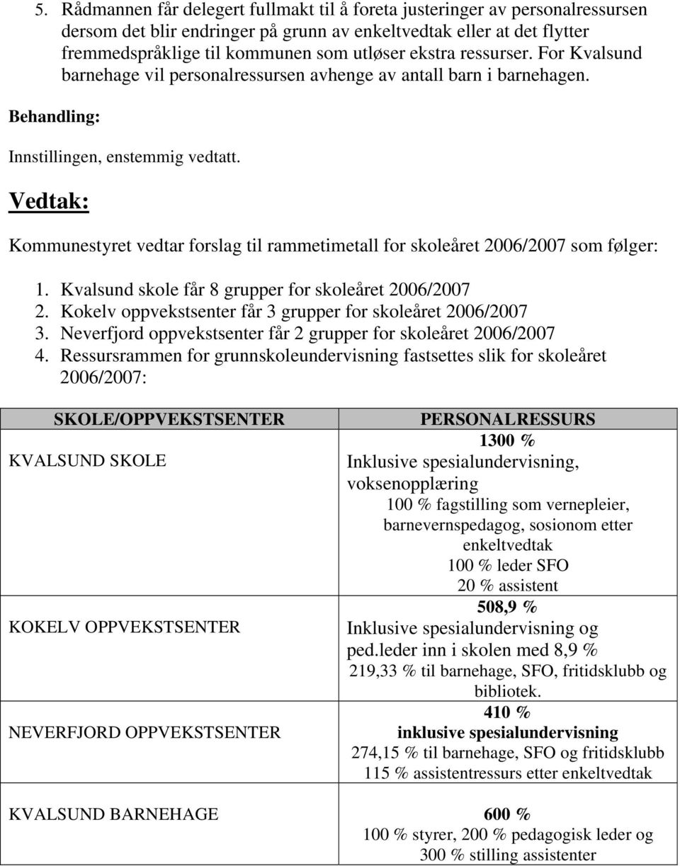 Kommunestyret vedtar forslag til rammetimetall for skoleåret 2006/2007 som følger: 1. Kvalsund skole får 8 grupper for skoleåret 2006/2007 2.
