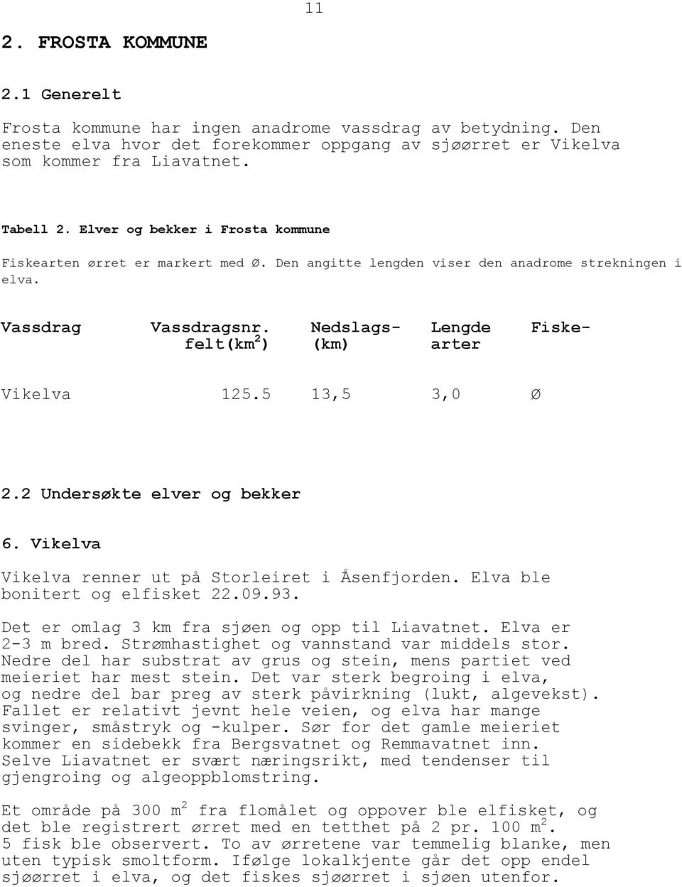 Nedslags- Lengde Fiskefelt(km 2 ) (km) arter Vikelva 125.5 13,5 3,0 Ø 2.2 Undersøkte elver og bekker 6. Vikelva Vikelva renner ut på Storleiret i Åsenfjorden. Elva ble bonitert og elfisket 22.09.93.