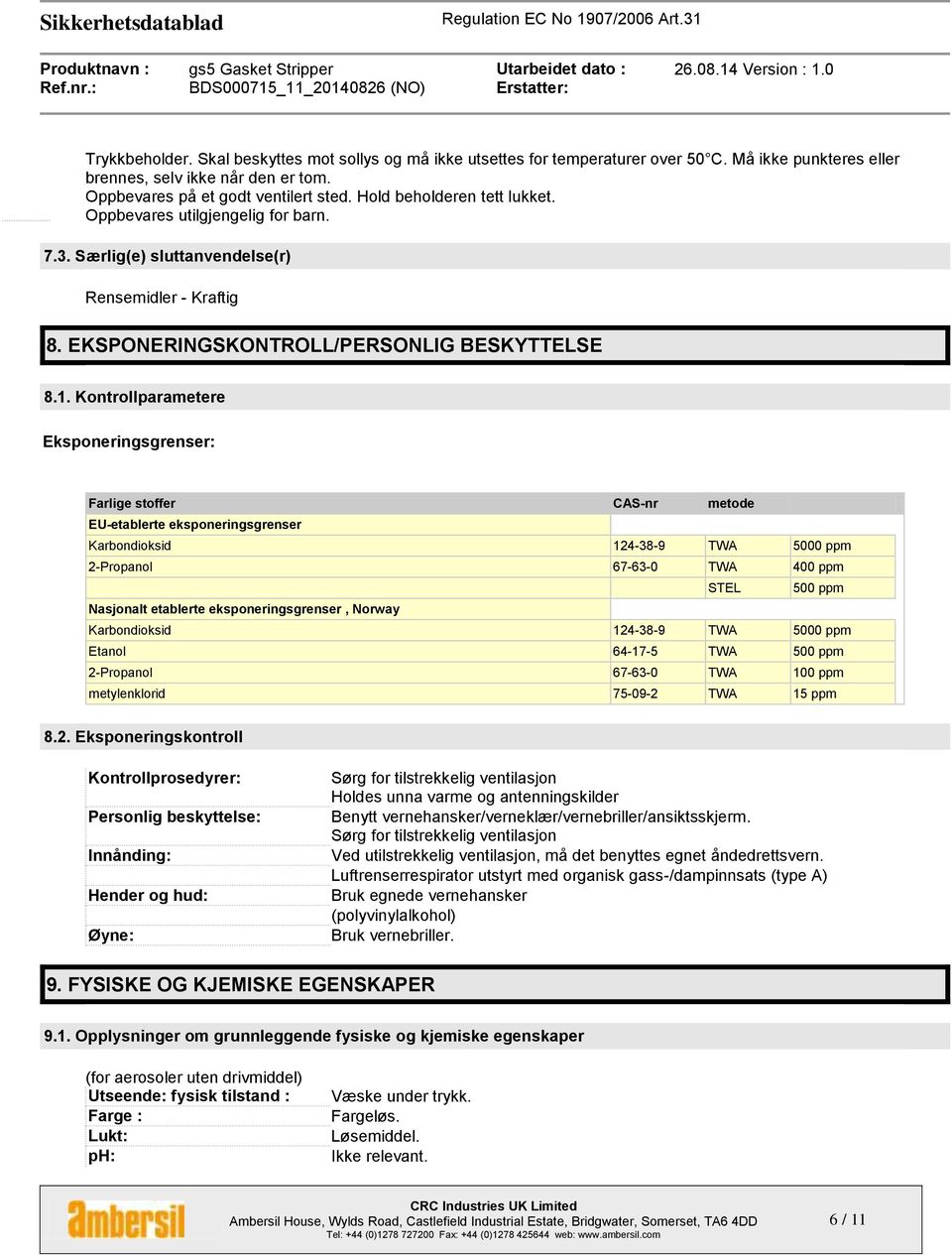 Kontrollparametere Eksponeringsgrenser: Farlige stoffer CAS-nr metode EU-etablerte eksponeringsgrenser Karbondioksid 124-38-9 TWA 5000 ppm 2-Propanol 67-63-0 TWA 400 ppm STEL 500 ppm Nasjonalt