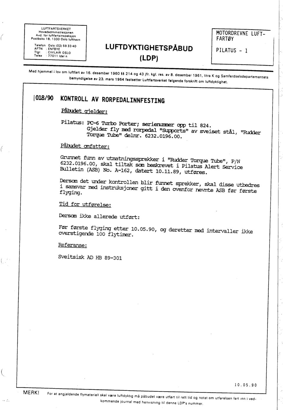litra K og Samferdselsdepartementets bemyndigelse av 23. mars 1964 fastsetter Luftartsverket følgende forskrift om luftdyktighet.