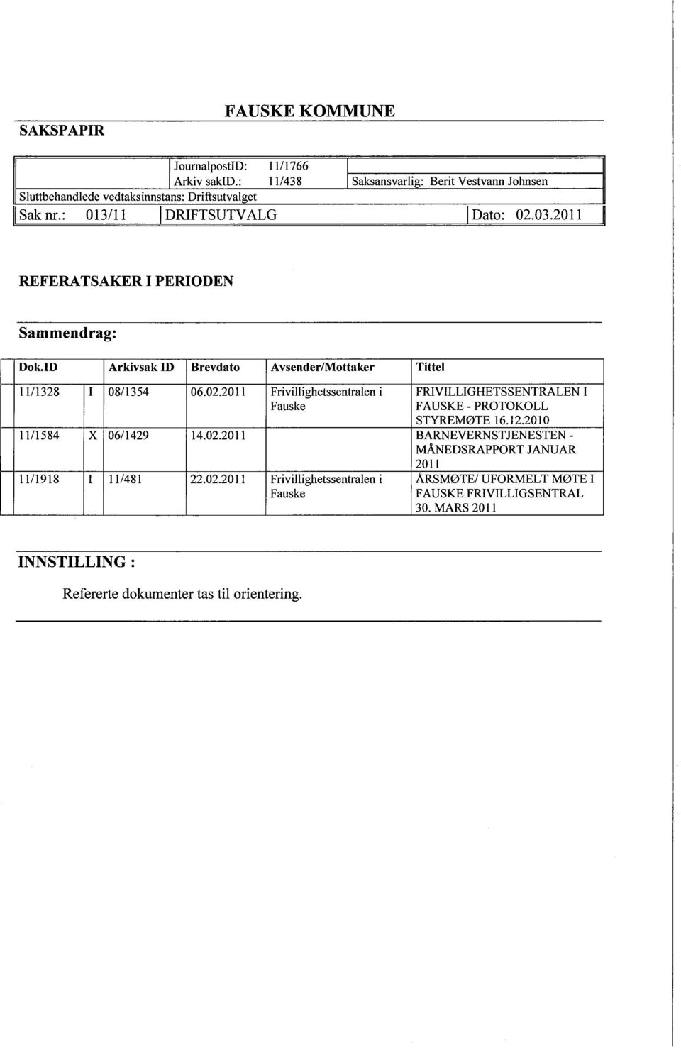 12.2010 1111584 X 0611429 14.02.2011 BARNEVERNSTJENESTEN - MANEDSRAPPORT JANUAR 2011 1111918 I 11/481 22.02.2011 Frivilighetssentralen i ARSMØTE/ UFORMEL T MØTE I Fauske FAUSKE FRIVILLIGSENTRAL 30.