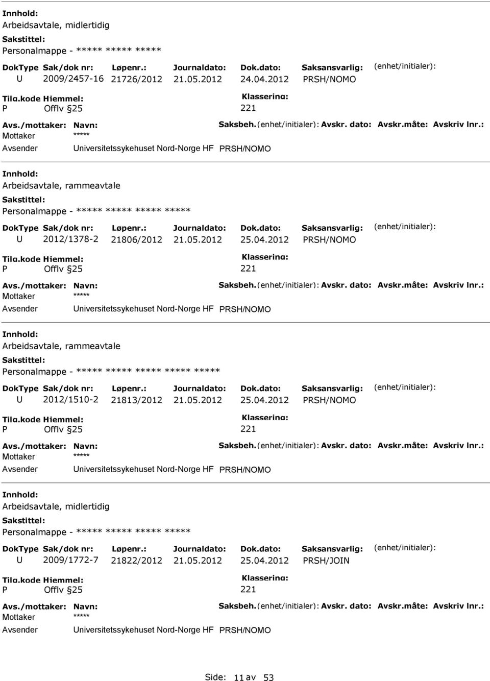 dato: Avskr.måte: Avskriv lnr.: niversitetssykehuset Nord-Norge HF RSH/NOMO Arbeidsavtale, rammeavtale ersonalmappe - ***** ***** ***** ***** ***** 2012/1510-2 21813/2012 25.04.2012 RSH/NOMO Avs.