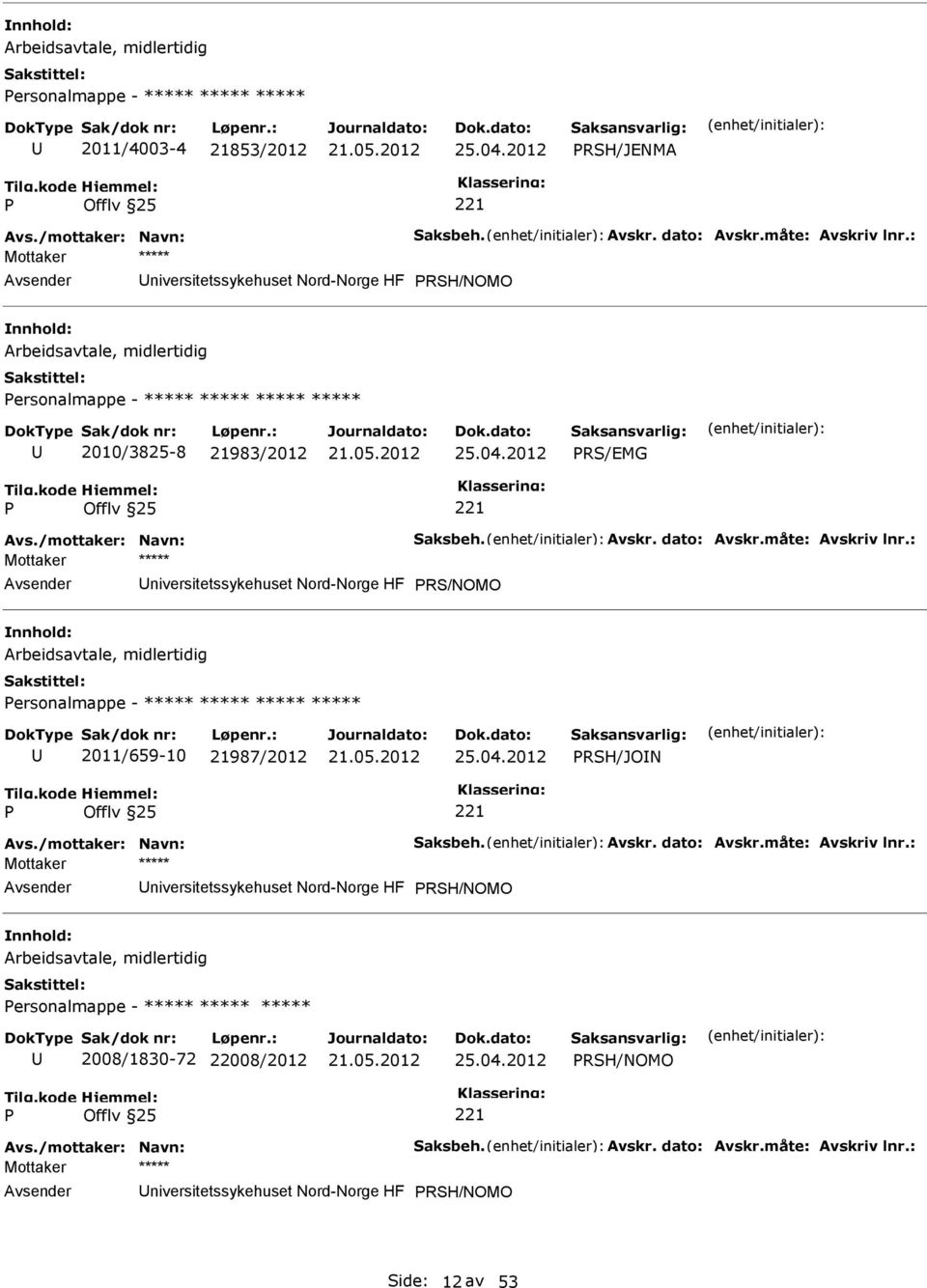 dato: Avskr.måte: Avskriv lnr.: niversitetssykehuset Nord-Norge HF RS/NOMO Arbeidsavtale, midlertidig ersonalmappe - ***** ***** ***** ***** 2011/659-10 21987/2012 25.04.2012 RSH/JON Avs.