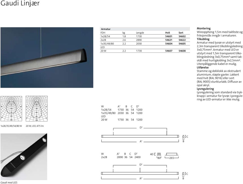 Armatur med LED er utstyrt med 1,5m transparent tilkoblingsledning 3x0,75mm² samt takskål med hurtigkobling 3x2,5mm². Utenpåliggende kabel er mulig.