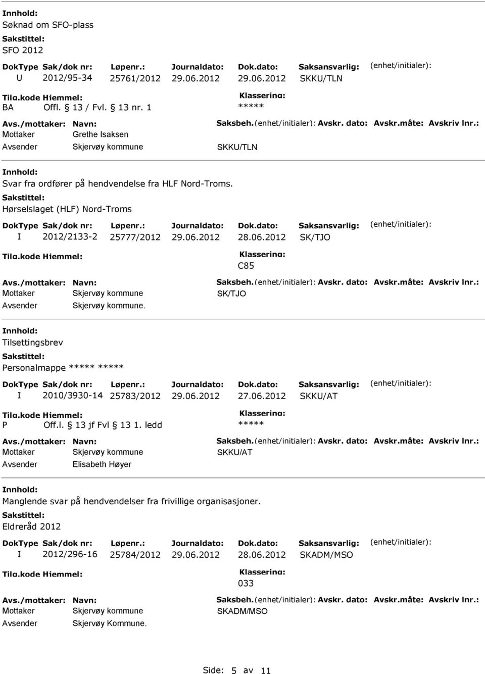 dato: Avskr.måte: Avskriv lnr.:. nnhold: Tilsettingsbrev ersonalmappe 2010/3930-14 25783/2012 27.06.2012 Avs./mottaker: Navn: Saksbeh. Avskr. dato: Avskr.måte: Avskriv lnr.: Elisabeth Høyer nnhold: Manglende svar på hendvendelser fra frivillige organisasjoner.