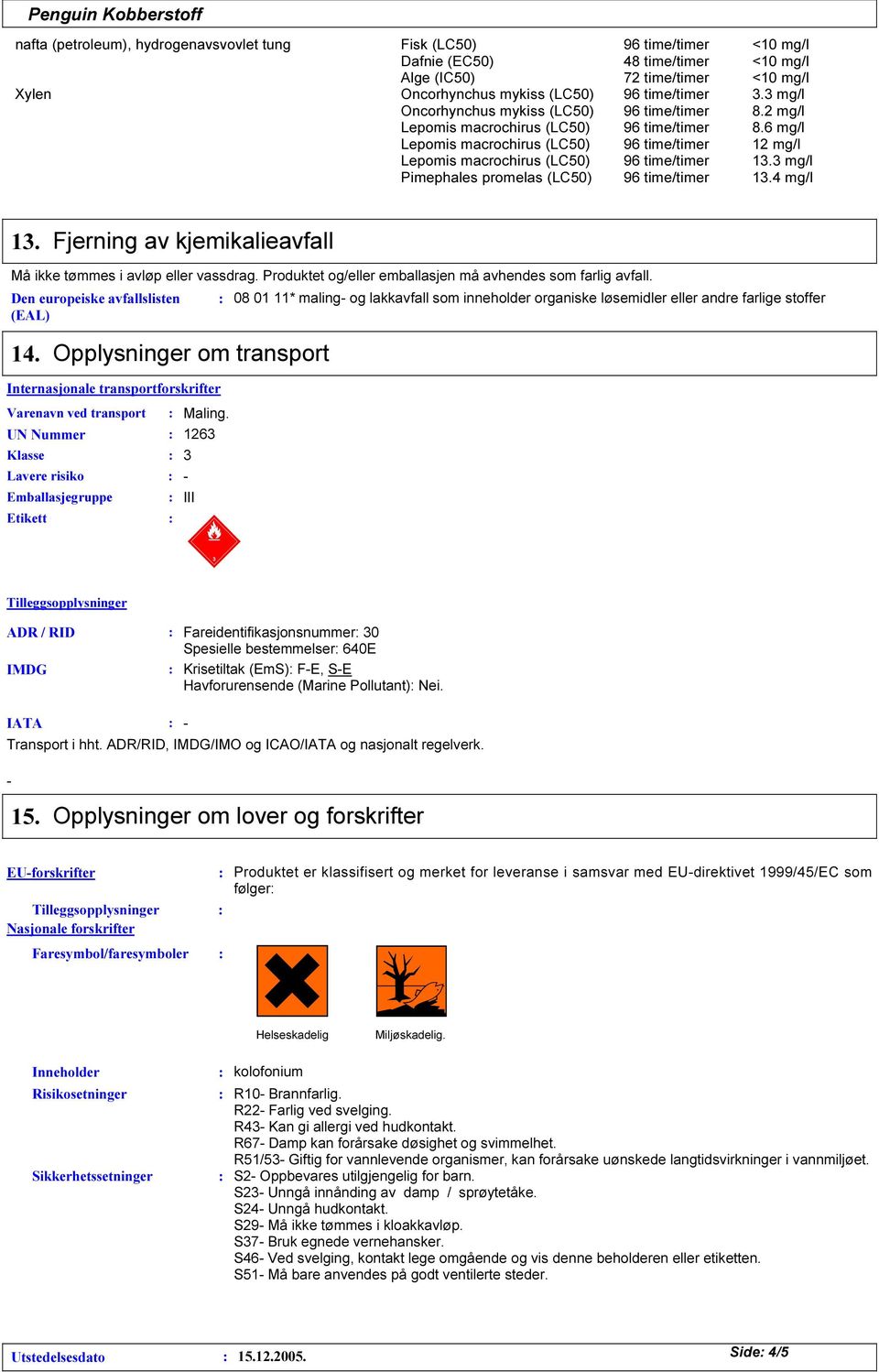 Den europeiske avfallslisten (EAL) 08 01 11* maling- og lakkavfall som inneholder organiske løsemidler eller andre farlige stoffer 14.