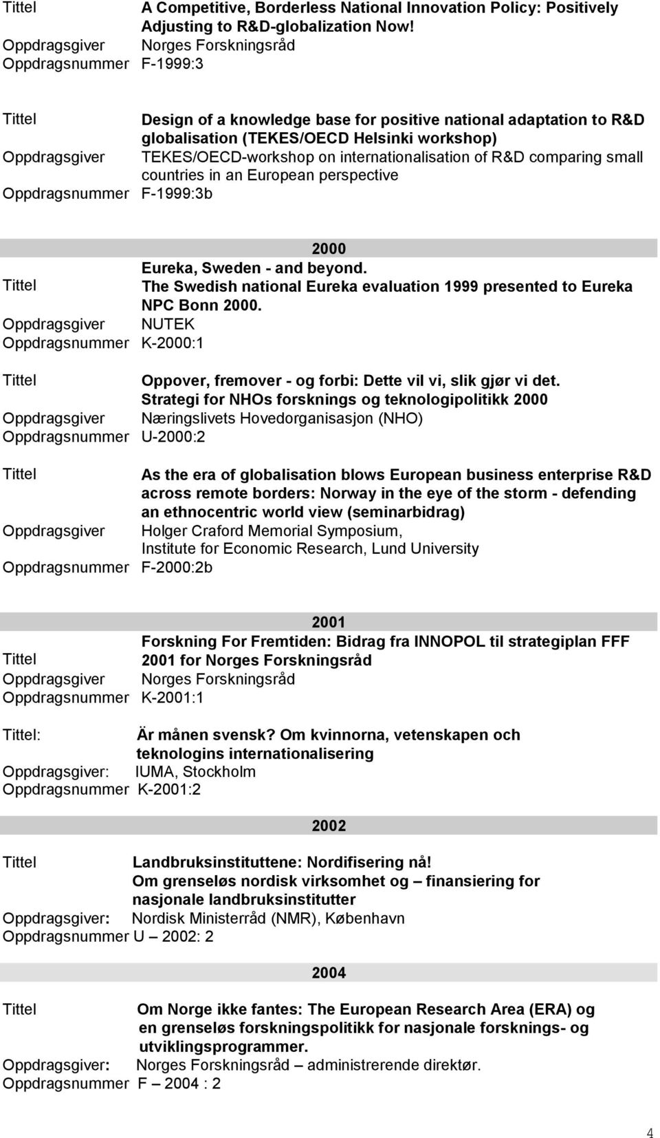 R&D comparing small countries in an European perspective Oppdragsnummer F-1999:3b 2000 Eureka, Sweden - and beyond. The Swedish national Eureka evaluation 1999 presented to Eureka NPC Bonn 2000.