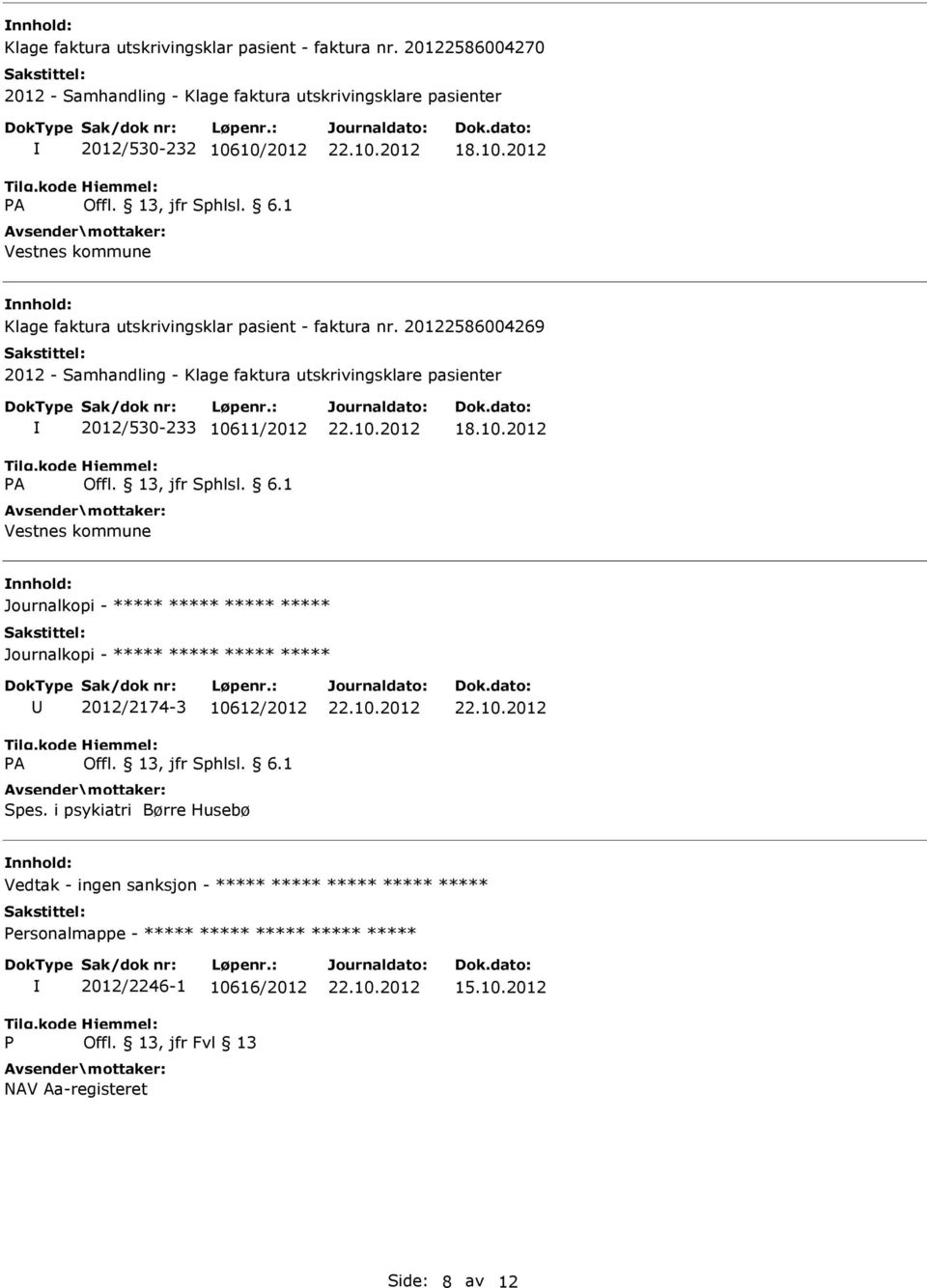 Samhandling - Klage faktura utskrivingsklare pasienter 2012/530-233 10611/2012 Vestnes kommune 2012/2174-3 10612/2012 Spes.