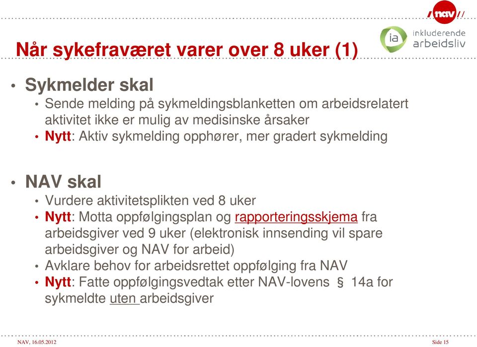 oppfølgingsplan og rapporteringsskjema fra arbeidsgiver ved 9 uker (elektronisk innsending vil spare arbeidsgiver og NAV for arbeid) Avklare