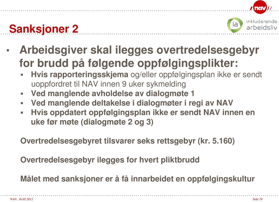 dialogmøter i regi av NAV Hvis oppdatert oppfølgingsplan ikke er sendt NAV innen en uke før møte (dialogmøte 2 og 3) Overtredelsesgebyret