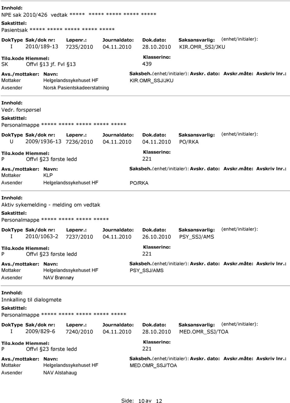 måte: Avskriv lnr.: Mottaker KL O/RKA Aktiv sykemelding - melding om vedtak ersonalmappe ***** ***** ***** ***** 2010/1063-2 7237/2010 26.10.2010 SY_SSJ/AMS Avs./mottaker: Navn: Saksbeh. Avskr. dato: Avskr.