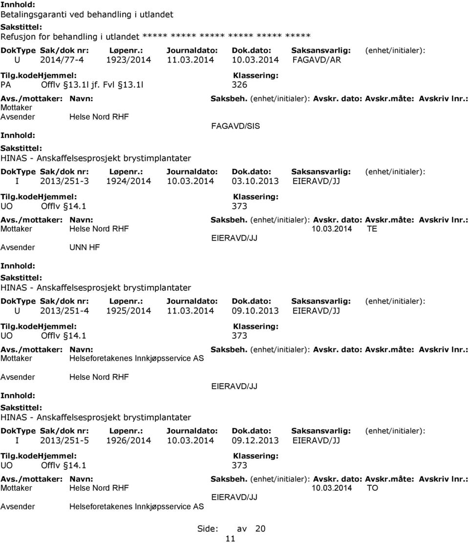 1 373 10.03.2014 TE UNN HF HINAS - Anskaffelsesprosjekt brystimplantater U 2013/251-4 1925/2014 11.03.2014 09.10.2013 UO Offlv 14.