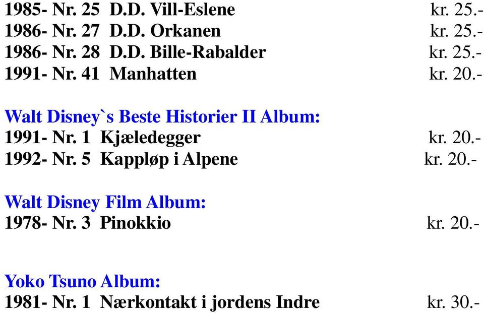 1 Kjæledegger kr. 20.- 1992- Nr. 5 Kappløp i Alpene kr. 20.- Walt Disney Film Album: 1978- Nr.