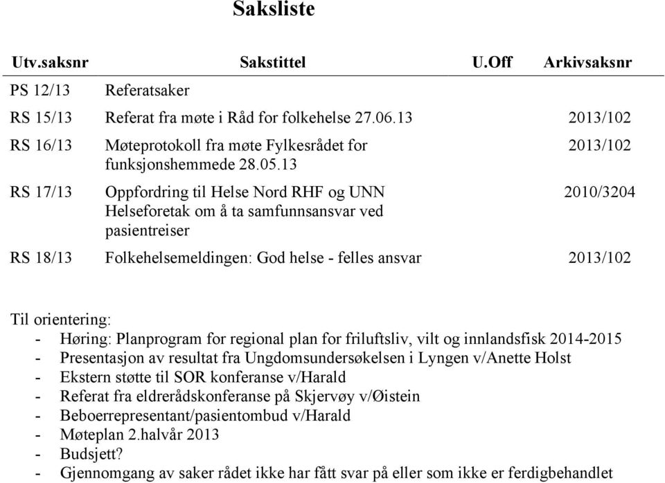 13 Oppfordring til Helse Nord RHF og UNN Helseforetak om å ta samfunnsansvar ved pasientreiser 2013/102 2010/3204 RS 18/13 Folkehelsemeldingen: God helse - felles ansvar 2013/102 Til orientering: -