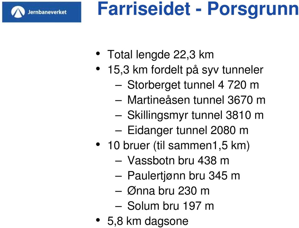 tunnel 3810 m Eidanger tunnel 2080 m 10 bruer (til sammen1,5 km) Vassbotn