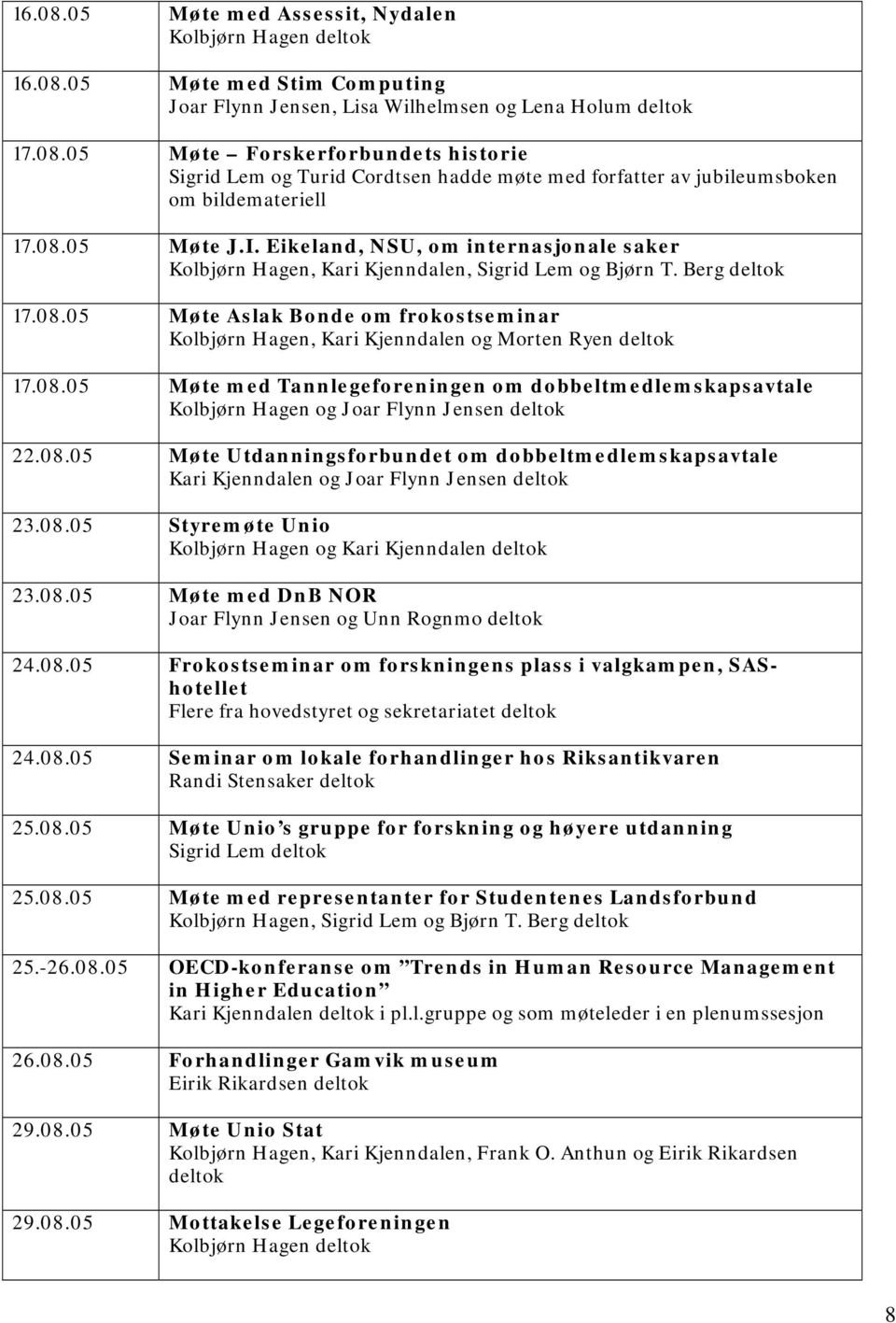 08.05 Møte med Tannlegeforeningen om dobbeltmedlemskapsavtale Kolbjørn Hagen og Joar Flynn Jensen deltok 22.08.05 Møte Utdanningsforbundet om dobbeltmedlemskapsavtale Kari Kjenndalen og Joar Flynn Jensen deltok 23.