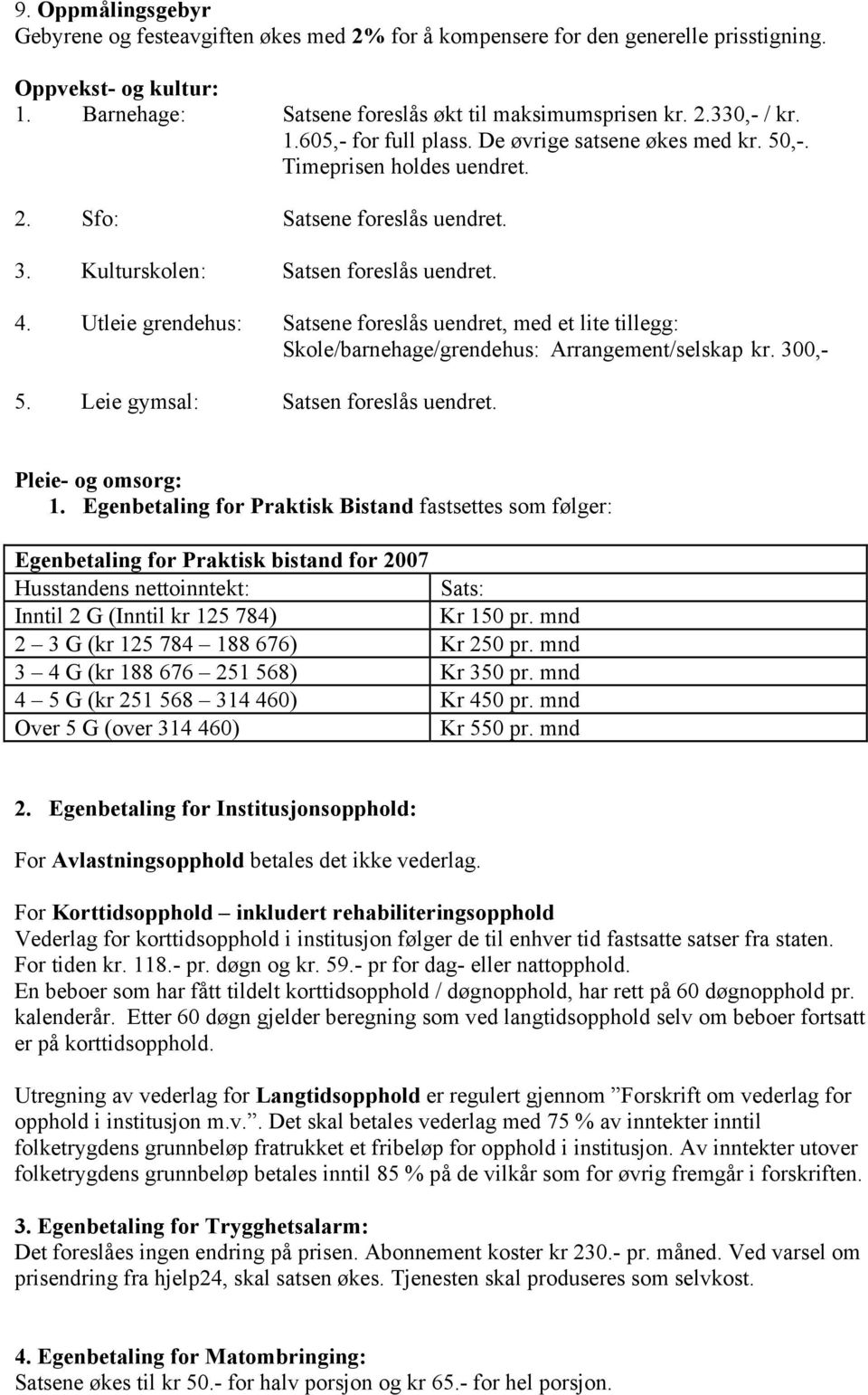 Utleie grendehus: Satsene foreslås uendret, med et lite tillegg: Skole/barnehage/grendehus: Arrangement/selskap kr. 300,- 5. Leie gymsal: Satsen foreslås uendret. Pleie- og omsorg: 1.