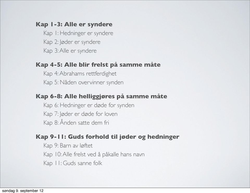 samme måte Kap 6: Hedninger er døde for synden Kap 7: Jøder er døde for loven Kap 8: Ånden satte dem fri Kap 9-11: