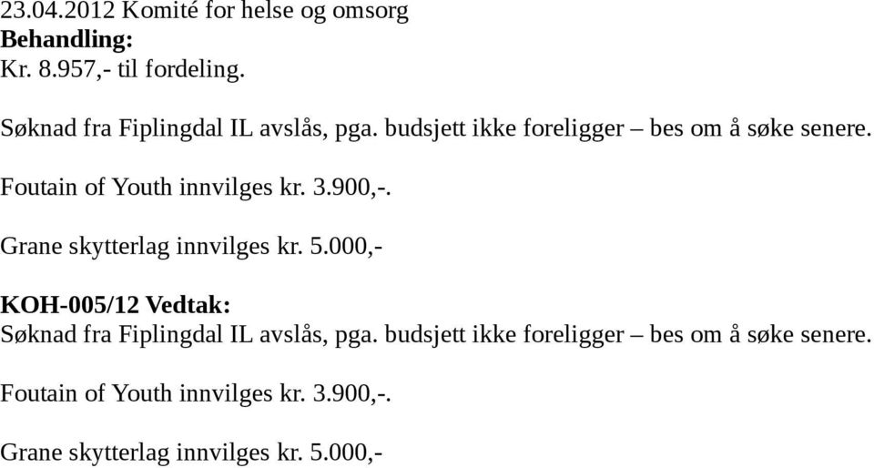 Foutain of Youth innvilges kr. 3.900,-. Grane skytterlag innvilges kr. 5.