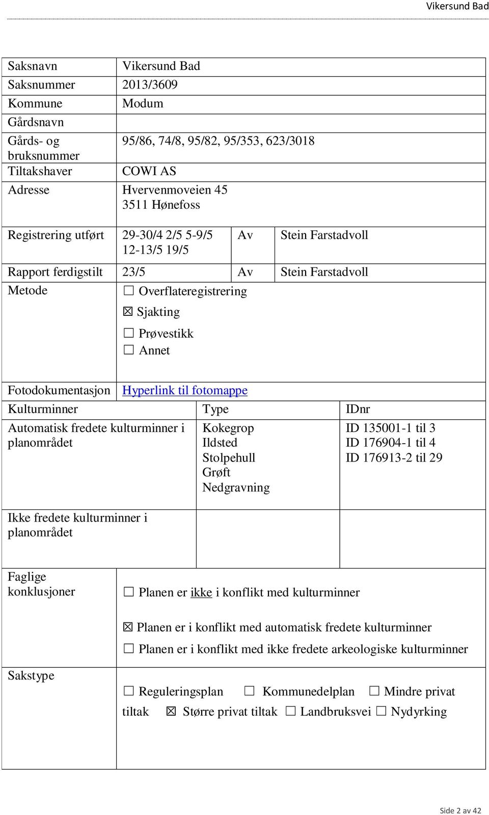 Hyperlink til fotomappe Kulturminner Type IDnr Automatisk fredete kulturminner i planområdet Ikke fredete kulturminner i planområdet Kokegrop Ildsted Stolpehull Grøft Nedgravning ID 135001-1 til 3 ID