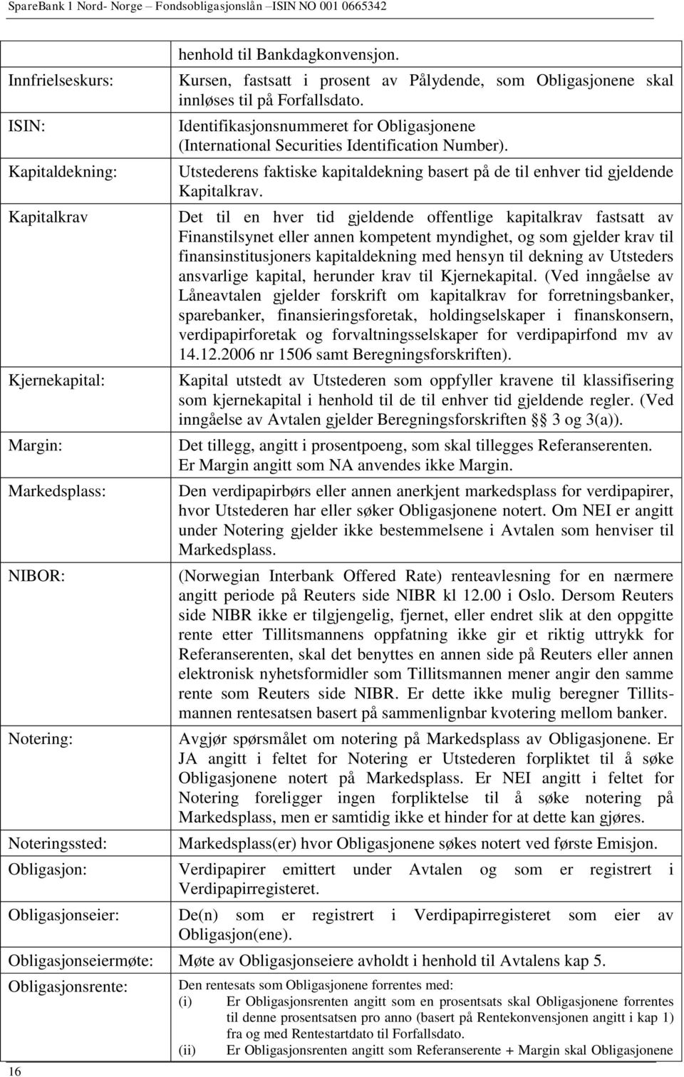 Identifikasjonsnummeret for Obligasjonene (International Securities Identification Number). Utstederens faktiske kapitaldekning basert på de til enhver tid gjeldende Kapitalkrav.