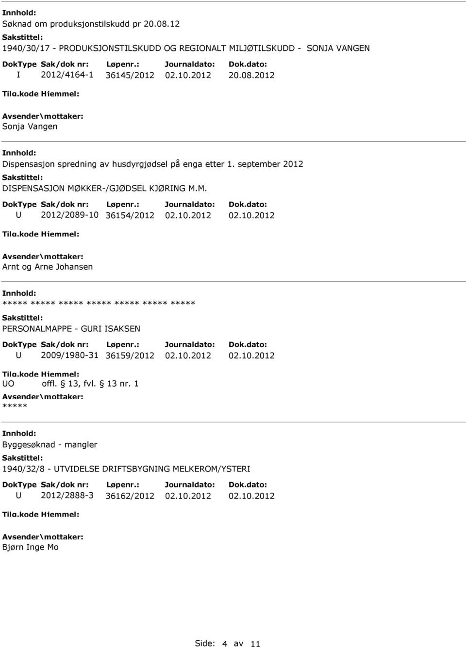 KKER-/GJØDSEL KJØRNG M.M. 2012/2089-10 36154/2012 Arnt og Arne Johansen ***** ***** ***** ***** ***** ***** ***** PERSONALMAPPE - GR SAKSEN Tilg.