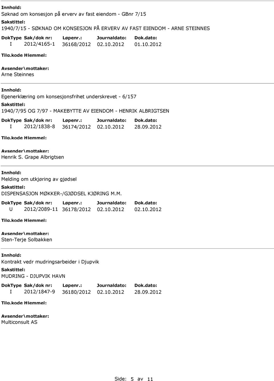 2012 Arne Steinnes Egenerklæring om konsesjonsfrihet underskrevet - 6/157 1940/7/95 OG 7/97 - MAKEBYTTE AV EENDOM - HENRK ALBRGTSEN 2012/1838-8