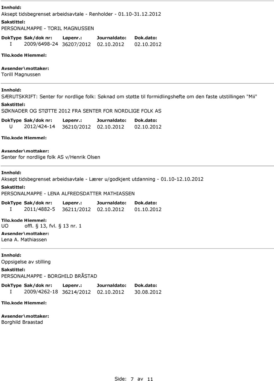 "Mii" SØKNADER OG STØTTE 2012 FRA SENTER FOR NORDLGE FOLK AS 2012/424-14 36210/2012 Senter for nordlige folk AS v/henrik Olsen Aksept tidsbegrenset arbeidsavtale - Lærer