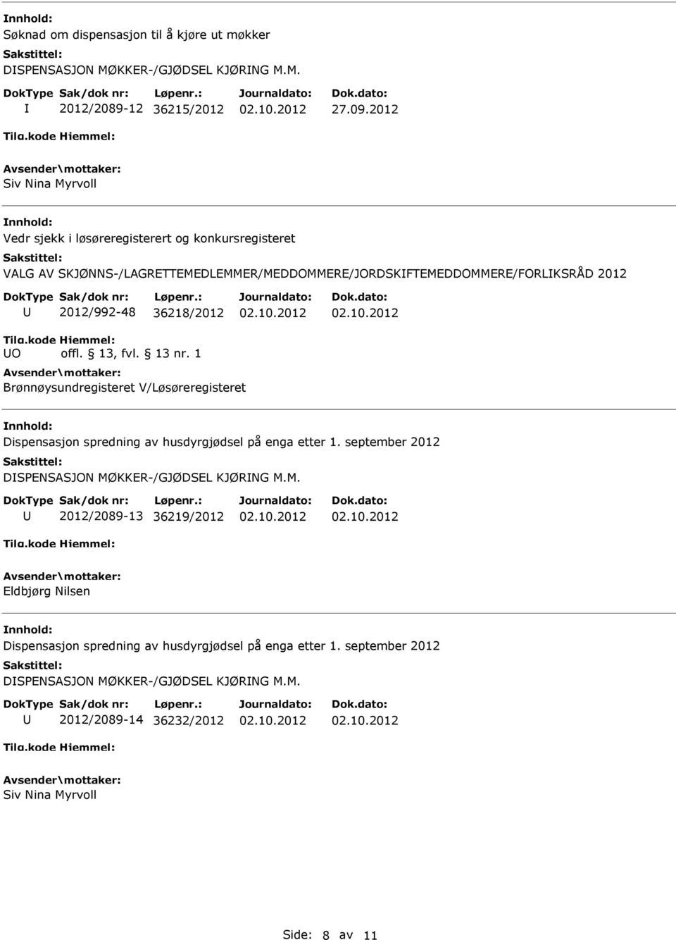 kode O 2012/992-48 36218/2012 Hjemmel: offl. 13, fvl. 13 nr. 1 Brønnøysundregisteret V/Løsøreregisteret Dispensasjon spredning av husdyrgjødsel på enga etter 1.