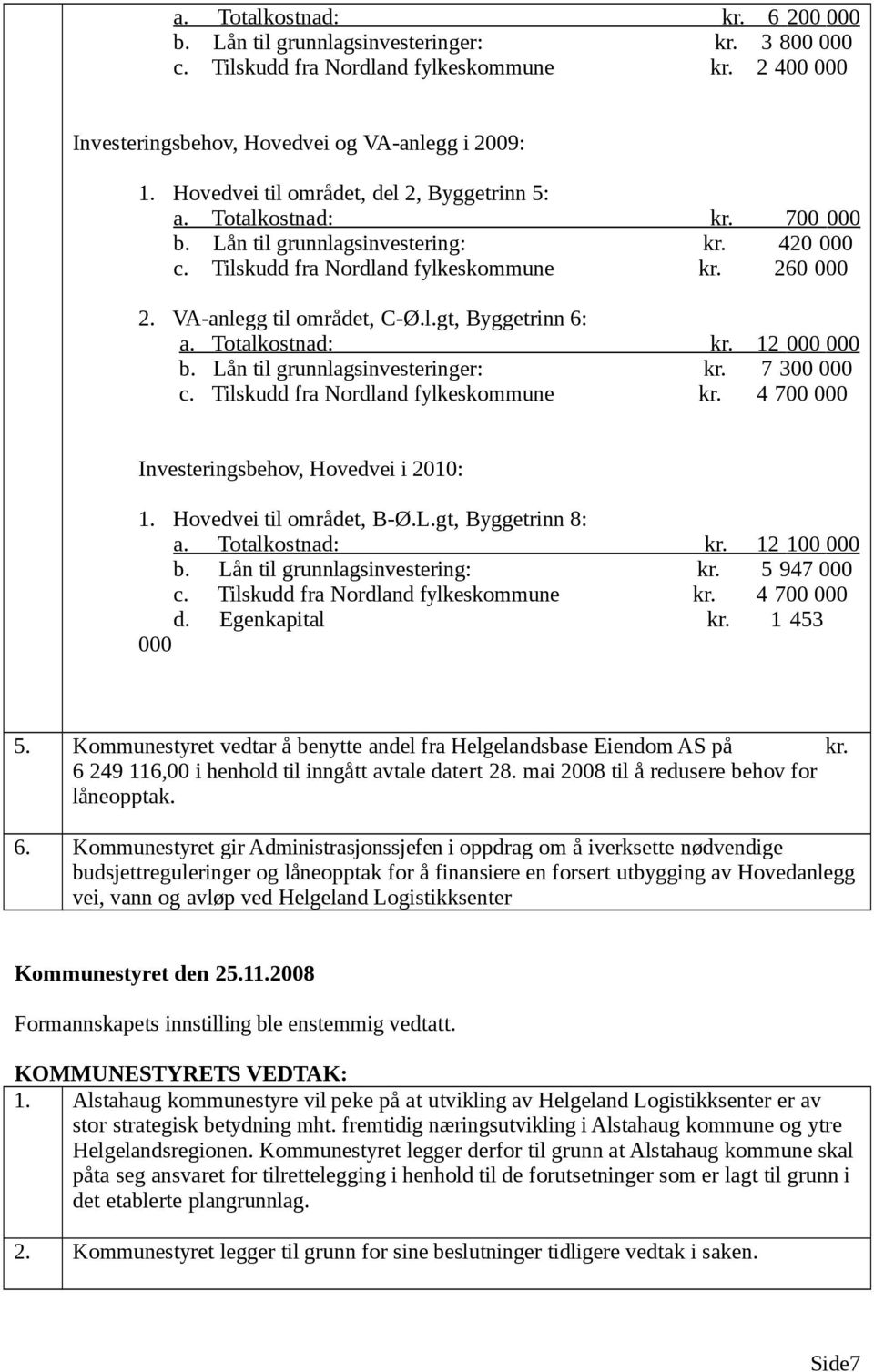 Totalkostnad: kr. 12 000 000 b. Lån til grunnlagsinvesteringer: kr. 7 300 000 c. Tilskudd fra Nordland fylkeskommune kr. 4 700 000 Investeringsbehov, Hovedvei i 2010: 1. Hovedvei til området, B-Ø.L.gt, Byggetrinn 8: a.