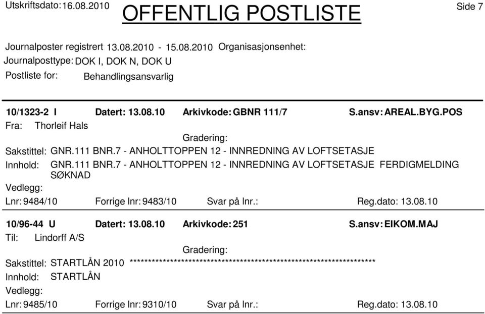 7 - ANHOLTTOPPEN 12 - INNREDNING AV LOFTSETASJE FERDIGMELDING SØKNAD Lnr: 9484/10 Forrige lnr: 9483/10 Svar på lnr.: Reg.dato: 13.08.