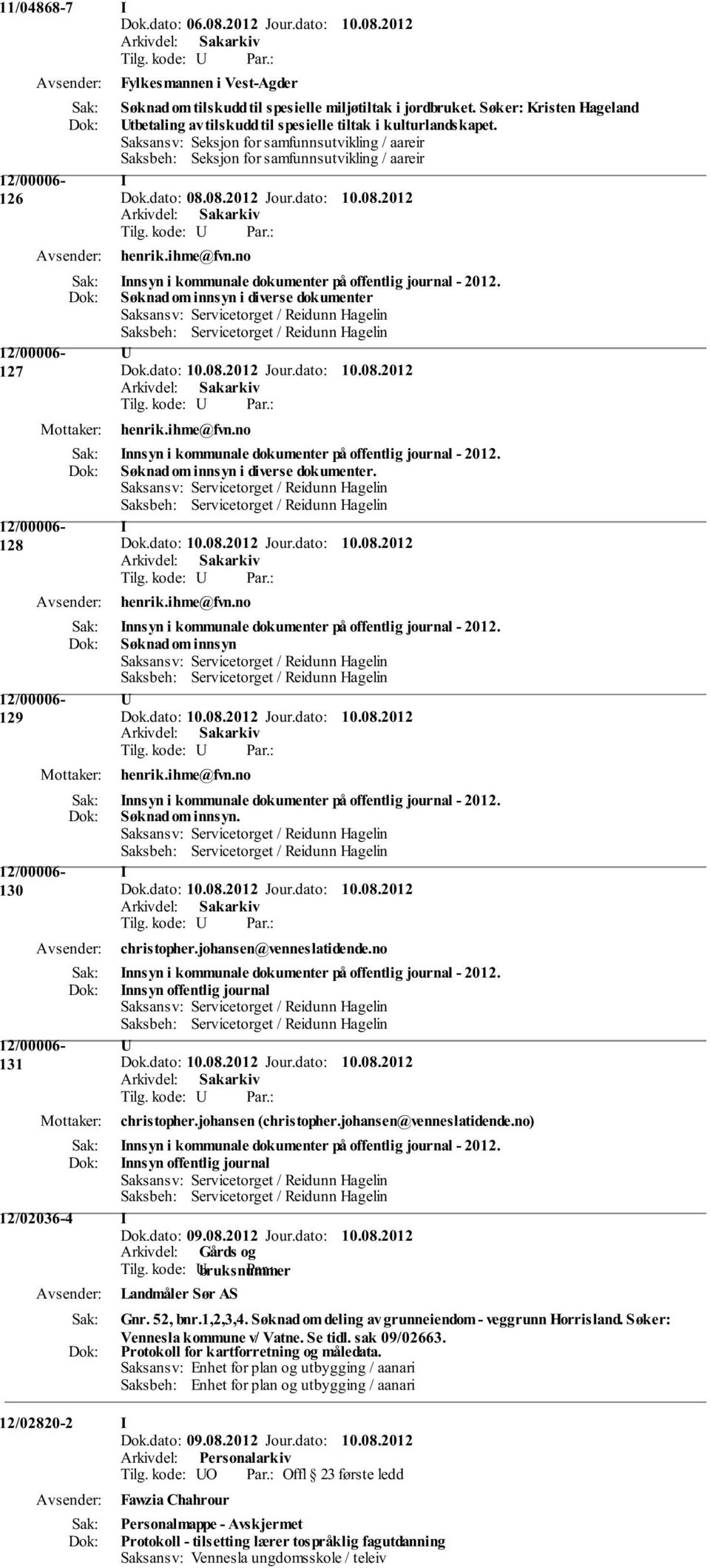 ihme@fvn.no 127 Innsyn i kommunale dokumenter på offentlig journal - 2012. Søknad om innsyn i diverse dokumenter U henrik.ihme@fvn.no Innsyn i kommunale dokumenter på offentlig journal - 2012.