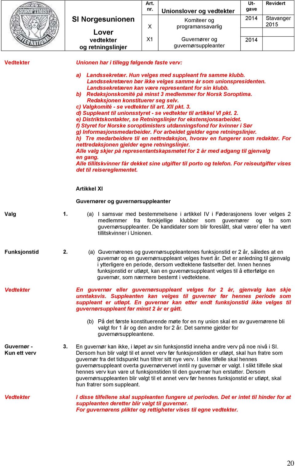 b) Redaksjonskomité på minst 3 medlemmer for Norsk Soroptima. Redaksjonen konstituerer seg selv. c) Valgkomité - se til art. XII pkt. 3. d) Suppleant til unionsstyret - se til artikkel VI pkt. 2.
