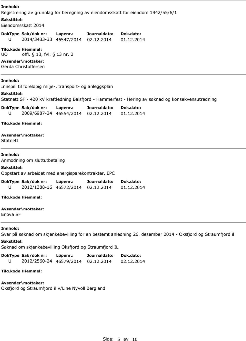 2009/6987-24 46554/2014 Statnett Anmodning om sluttutbetaling Oppstart av arbeidet med energisparekontrakter, EPC 2012/1388-16 46572/2014 Enova SF Svar på søknad om