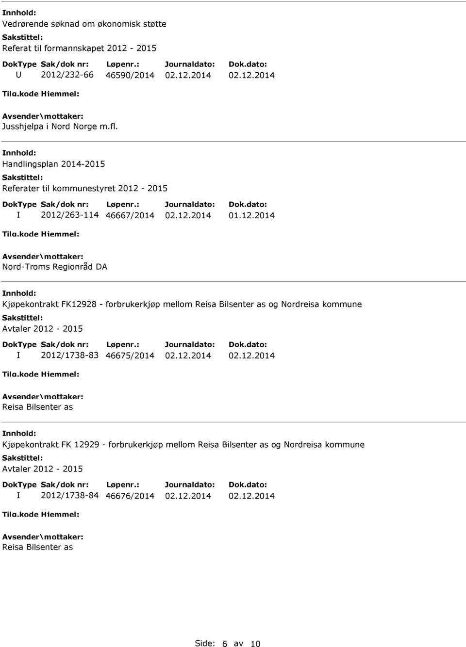 forbrukerkjøp mellom Reisa Bilsenter as og Nordreisa kommune Avtaler 2012-2015 2012/1738-83 46675/2014 Reisa Bilsenter as Kjøpekontrakt