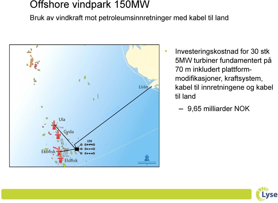 30 stk 5MW turbiner fundamentert på 70 m inkludert plattform-