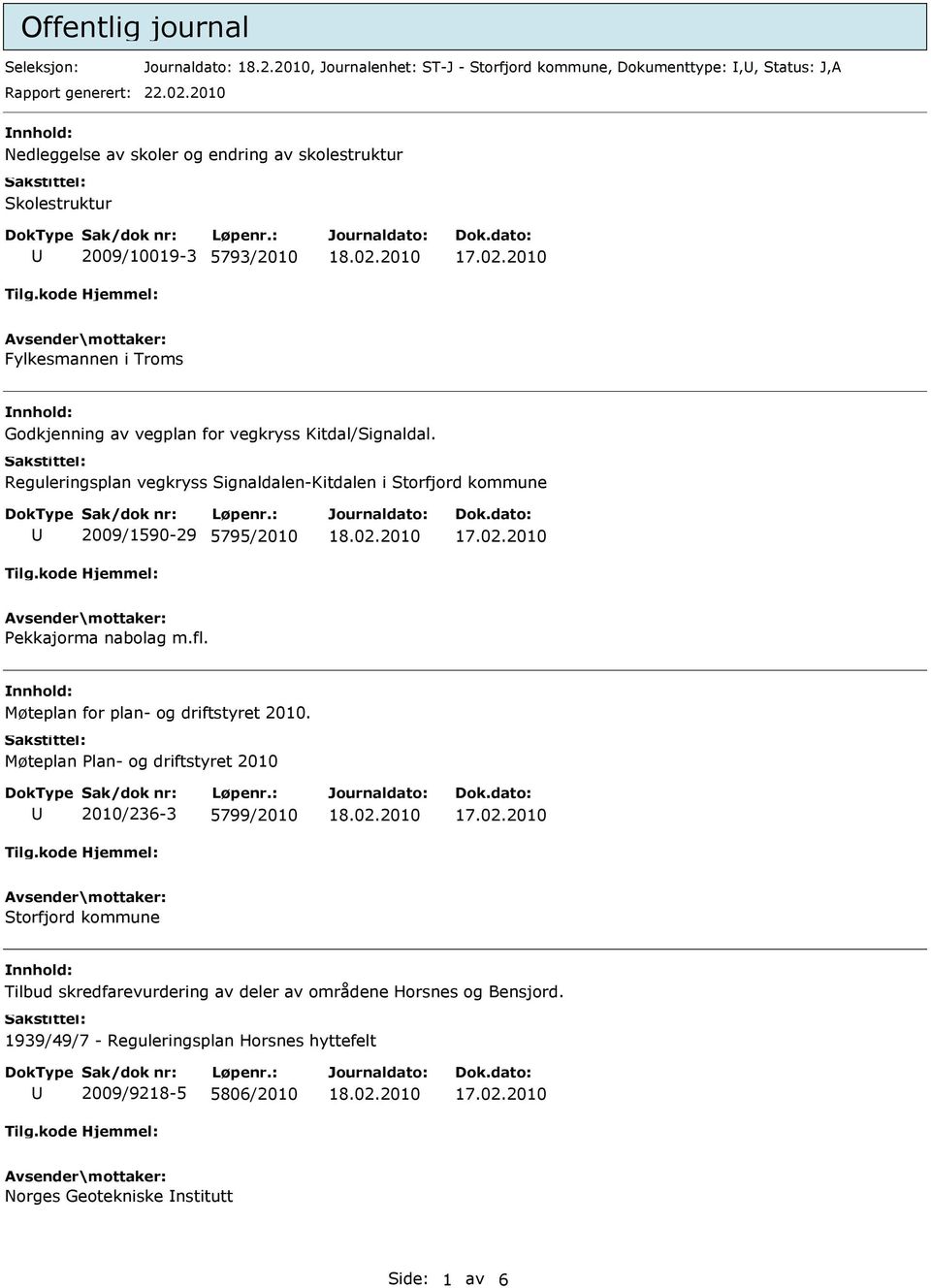 Reguleringsplan vegkryss Signaldalen-Kitdalen i Storfjord kommune 2009/1590-29 5795/2010 Pekkajorma nabolag m.fl. Møteplan for plan- og driftstyret 2010.