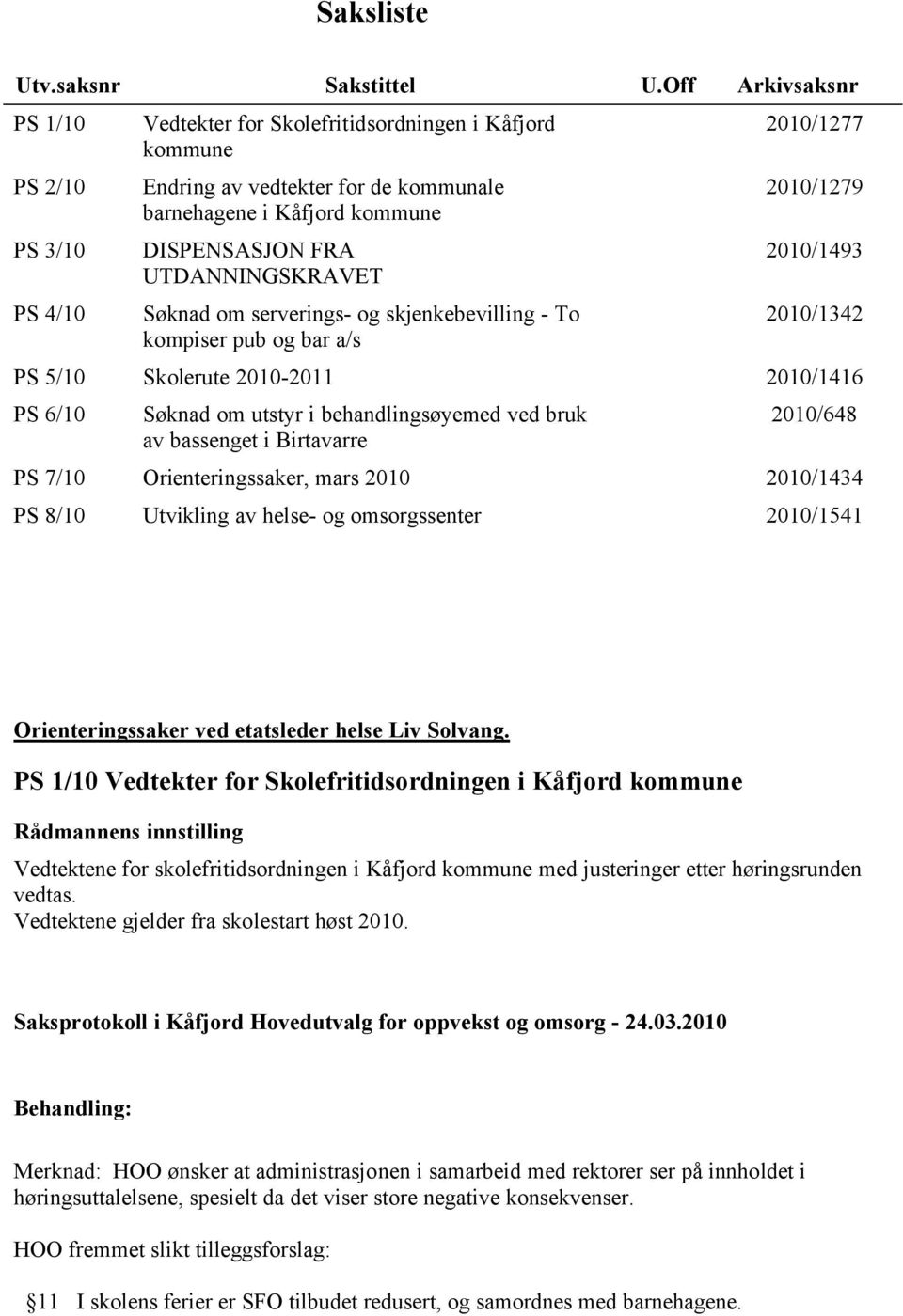 UTDANNINGSKRAVET Søknad om serverings- og skjenkebevilling - To kompiser pub og bar a/s 2010/1277 2010/1279 2010/1493 2010/1342 PS 5/10 Skolerute 2010-2011 2010/1416 PS 6/10 Søknad om utstyr i