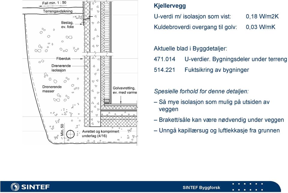 221 Fuktsikring av bygninger Spesielle forhold for denne detaljen: Så mye isolasjon som mulig