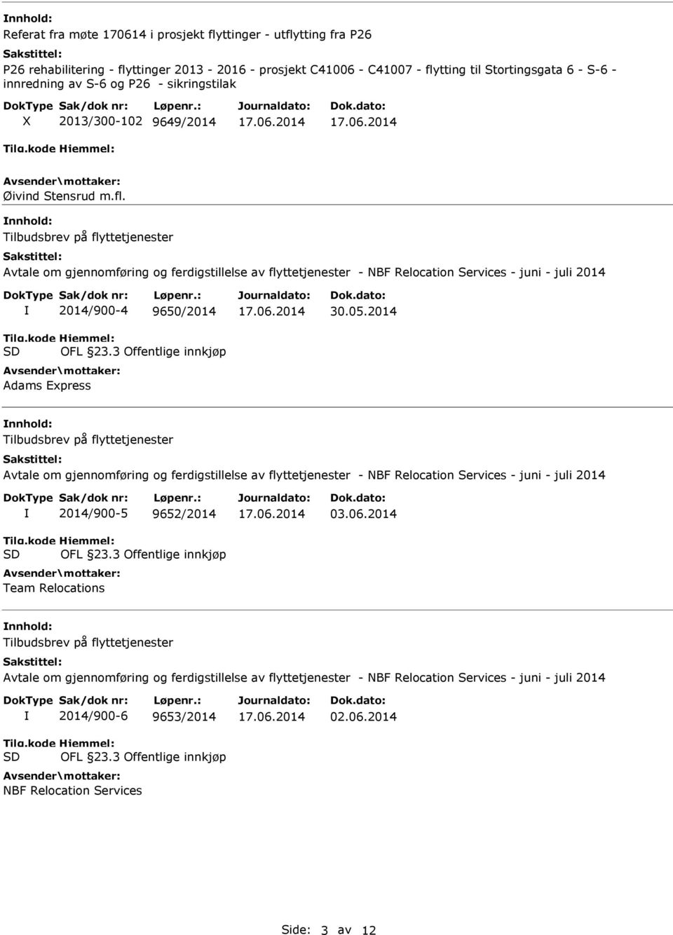 Tilbudsbrev på flyttetjenester Avtale om gjennomføring og ferdigstillelse av flyttetjenester - NBF Relocation Services - juni - juli 2014 Tilg.kode SD 2014/900-4 9650/2014 Hjemmel: OFL 23.