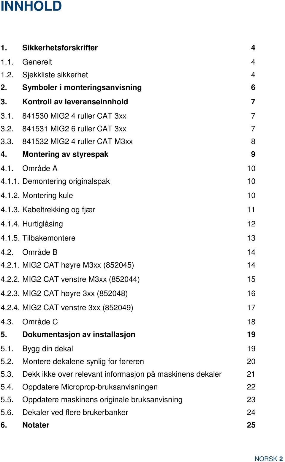 2. Område B 14 4.2.1. MIG2 CAT høyre M3xx (852045) 14 4.2.2. MIG2 CAT venstre M3xx (852044) 15 4.2.3. MIG2 CAT høyre 3xx (852048) 16 4.2.4. MIG2 CAT venstre 3xx (852049) 17 4.3. Område C 18 5.