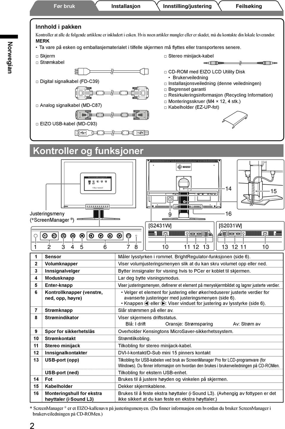 Skjerm Stereo minijack-kabel Strømkabel Digital signalkabel (FD-C9) Analog signalkabel (MD-C87) CD-ROM med EIZO LCD Utility Disk Brukerveiledning sveiledning (denne veiledningen) Begrenset garanti