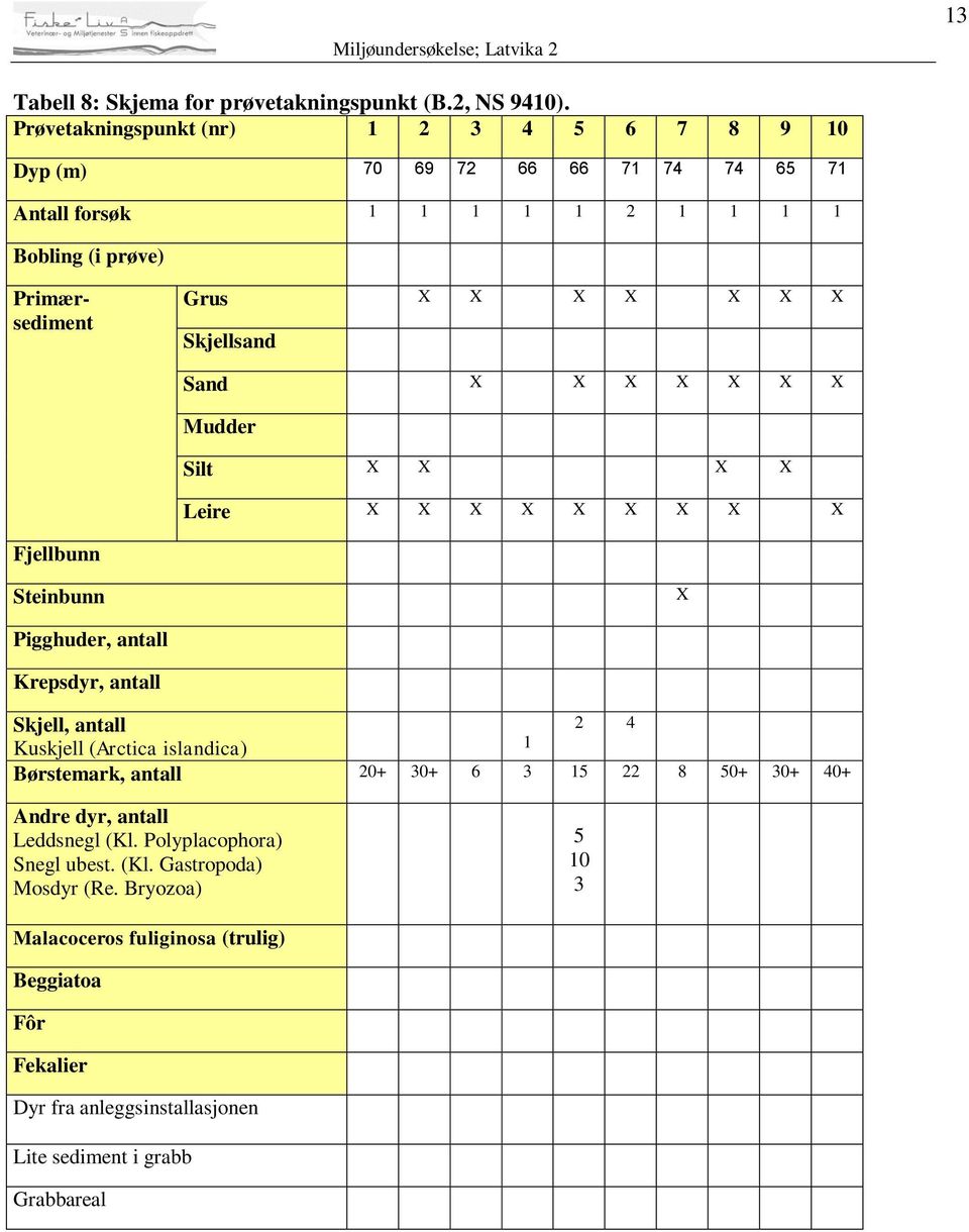Skjellsand Sand X X X X X X X Mudder Silt X X X X Leire X X X X X X X X X Fjellbunn Steinbunn X Pigghuder, antall Krepsdyr, antall Skjell, antall 2 4 Kuskjell (Arctica