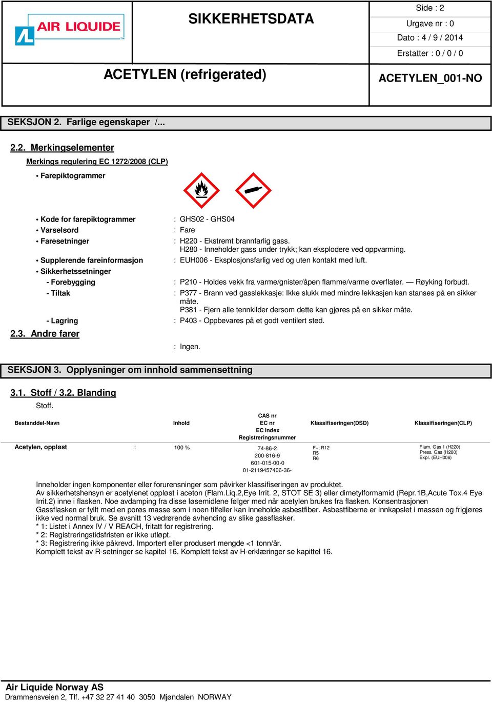 Sikkerhetssetninger - Forebygging : P210 - Holdes vekk fra varme/gnister/åpen flamme/varme overflater. Røyking forbudt.