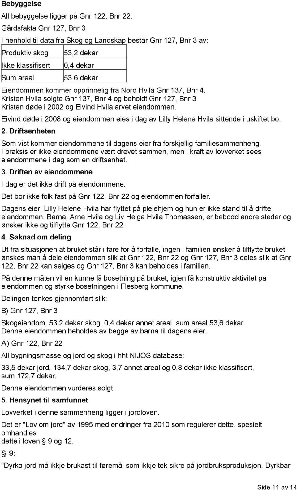 6 dekar Eiendommen kommer opprinnelig fra Nord Hvila Gnr 137, Bnr 4. Kristen Hvila solgte Gnr 137, Bnr 4 og beholdt Gnr 127, Bnr 3. Kristen døde i 2002 og Eivind Hvila arvet eiendommen.