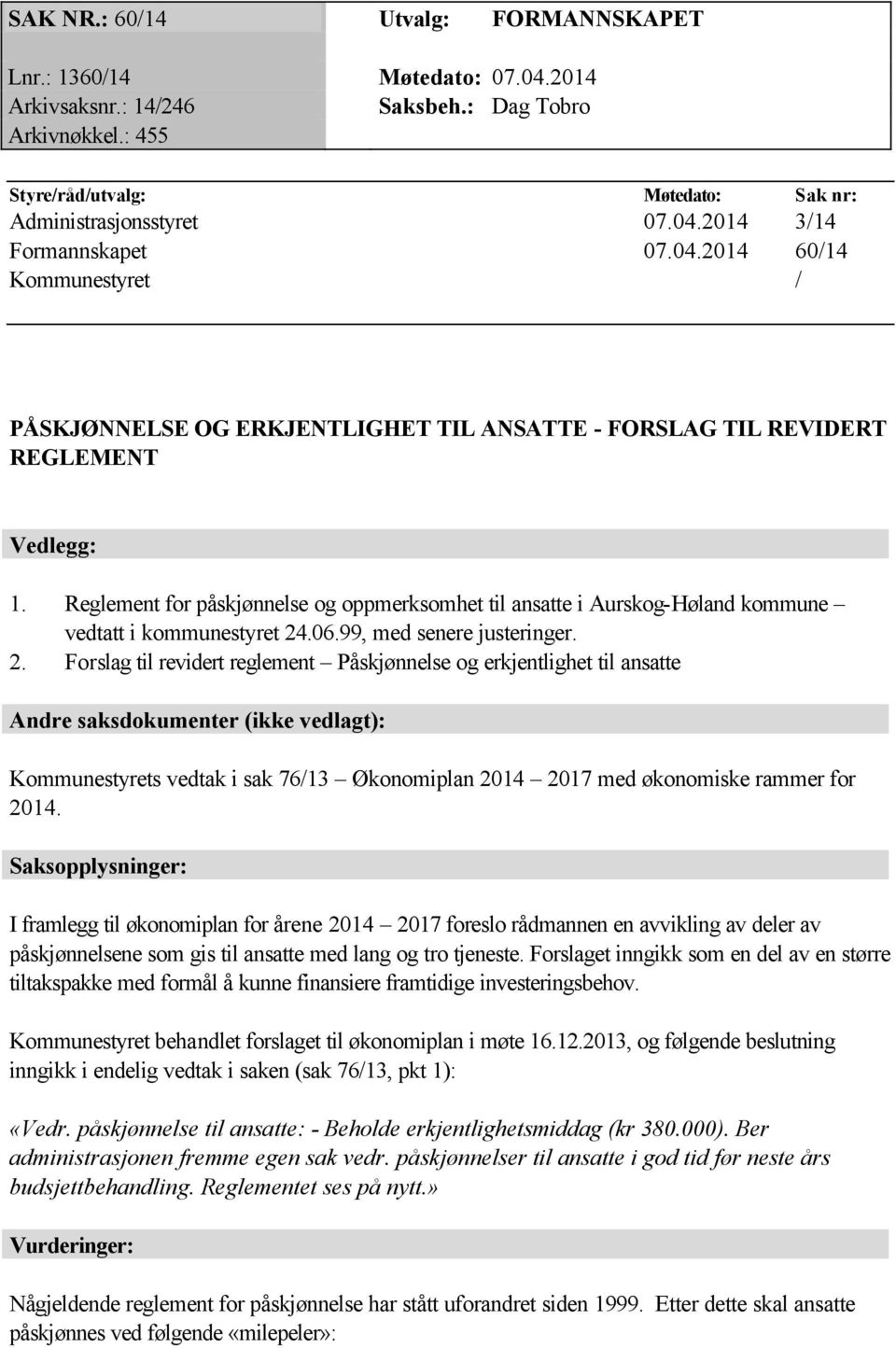 Reglement for påskjønnelse og oppmerksomhet til ansatte i Aurskog-Høland kommune vedtatt i kommunestyret 24